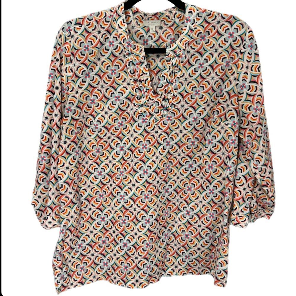 Talbots Colorful 100% Cotton Blouse 3/4 Sleeves Size Medium Petite